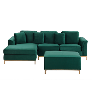 Canapé Angle à Droite 4 Places En Velours Vert Émeraude Avec Pouf Oslo