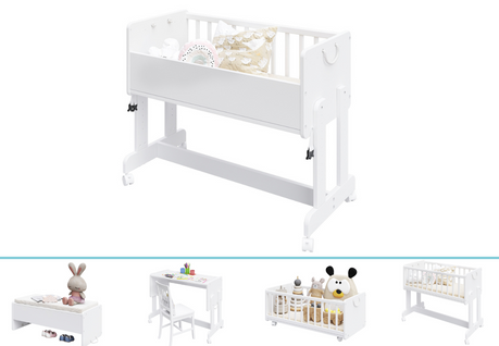 Lit bébé 90x40, multifonctionnel 5 en 1 transformable en banquette de bureau et coffre,Blanc, Nelina