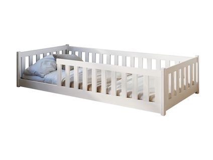 Lit Enfant Au Sol 90x200 Lit Avec Barrière De Sécurité Et Sommier, Blanc Pin Massif,Bertil