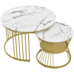 Lot De 2 Tables Basses Rondes Double Gigogne En Blanc et Doré - Ø 70 Cm - Ø 45 Cm