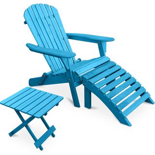 Adirondack Table De Jardin + Chaise Longue + Repose-pieds En Bois - Set - Anela Turquoise