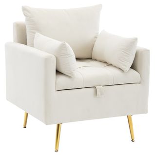 Fauteuil Velours Blanc Avec 1 Coussin + 2 Oreillers D'accoudoirs +Espace de Rangement+Pieds en Métal