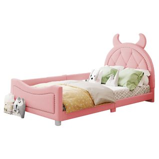 Lit Enfant Lit Rembourré 90 X 200 Cm Canapé-lit Avec Tête De Lit Dessin Animé En Rose