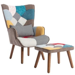 Fauteuil Scandinave + Pouf Tissu Multicolore