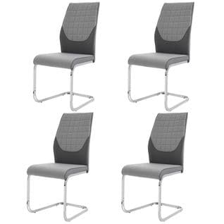 Lot De 4 Chaises Avec Structure En Métal Argenté, Assise Et Dossier En Pu Gris Et Tissu Lin