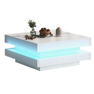 Table Basse Carrée Blanche Brillante Avec Plateau Pivotant Et Lumière LED 16 Couleurs, 70x70x36 Cm