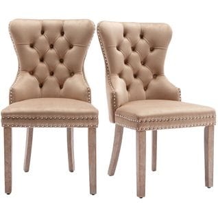 Lot De 2 Chaises Avec Décoration De Rivets Et Pieds En Bois Velours Beige Foncé