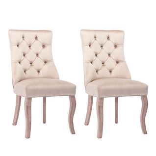 Lot De 2 Chaises Matelassé Avec Boutons Et Pieds En Bois Velours Beige