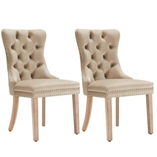 Lot De 2 Chaises Matelassé Avec Boutons Et Pieds En Bois Velours Beige