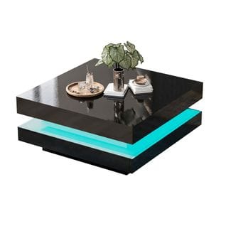 Table Basse Carrée Noir Avec Led, 70x70x36 Cm