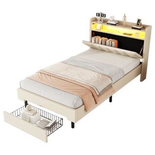 Lit Enfant 90x200cm Avec 1 Tiroir, LED Et USB Tête De Lit Avec Rangement Lin Beige