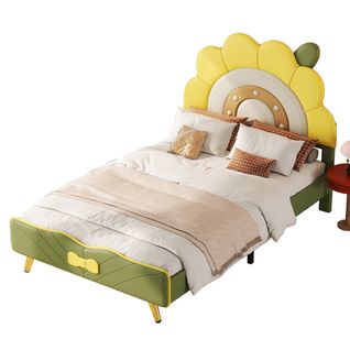 Lit Enfant 90x200cm Tête De Lit En Forme De Tournesol Jaune + Vert