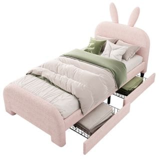 Lit Enfant 90x200cm Avec 2 Tiroirs Et Tête De Lit En Forme D'oreilles De Lapin Rose