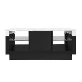 Table Basse Haute Brillance Avec 1 Tiroir Et 4 Niches, LED, Blanc Et Noir