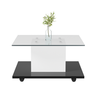 Table Basse Brillante Avec LED, Plateau En Verre Et Roues Pivotantes Amovibles