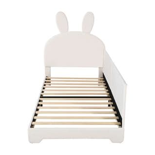 Lit Enfant 90x200cm Tête De Lit Avec Oreilles De Lapin Et Dossier Allongé Velvet Beige