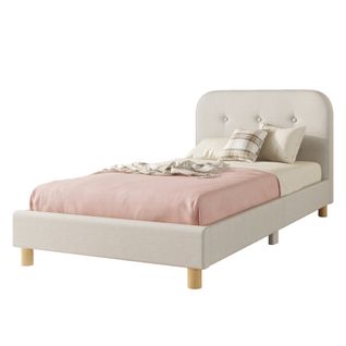 Lit Enfant 90x200cm Avec Tête De Lit Et Pieds En Bois Lin Beige