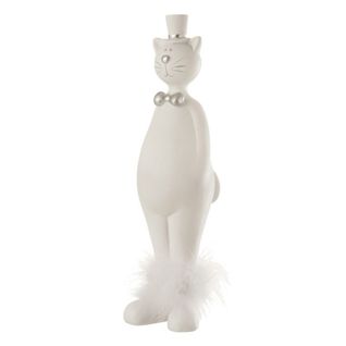 Statuette Déco "chat Avec Chapeau" 33cm Blanc Et Argent