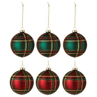 Lot De 6 Boules De Noël "quadrillé" 8cm Vert Et Rouge