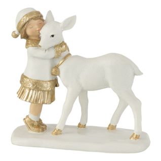 Statuette Déco "enfant Avec Renne" 16cm Blanc