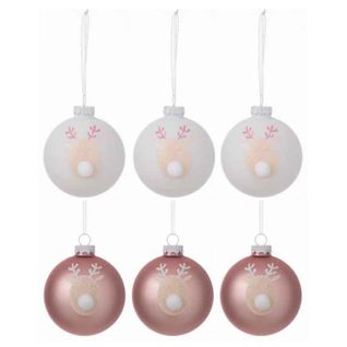 Lot De 6 Boules De Noël "rennes" 8cm Rose et Blanc