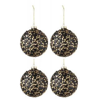 Lot De 4 Boules De Noël "paillettes" 10cm Noir et Or