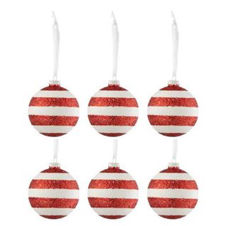 Lot De 6 Boules De Noël "rayures" 8cm Rouge et Blanc