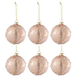 Lot De 6 Boules De Noël "givre Paillettes" 8cm Rose Clair