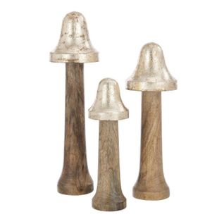 Lot De 3 Statuettes "champignons Fins" 30cm Naturel et Or