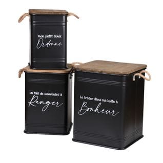 Trio De Caisse De Rangement en Métal Loft - H 51 Cm - Noir Et Bois