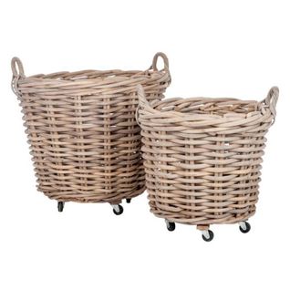 Lot De 2 Paniers Ronds "anses et Roulettes" 82cm Naturel