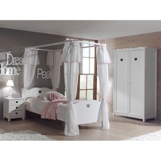 Pack - Lit à Baldaquin Enfant, Chevet, Armoire et Voile "amori" Blanc