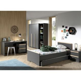 London Anthracite Lit 90x200 + Chevet + Armoire + Bureau + Caisson + Bibliothèque + Lit Gigogne