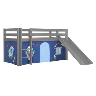 Lit Enfant Mi-Haut Avec Toboggan Pino 90x200 cm Gris + Rideau De Lit Space