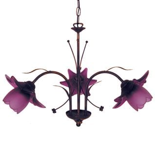 Lustre 3 Bras Métal Marron Or 80 Verre Violet 80 Cm..