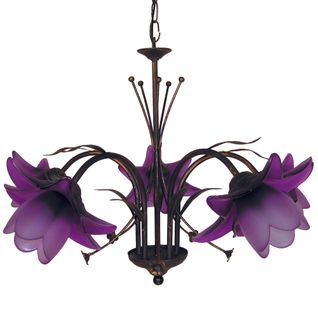 Lustre 5 Bras Métal Marron Or Verre Violet 80 Cm..