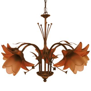 Lustre 5 Bras Métal Marron Or Verre Orange80 Cm..