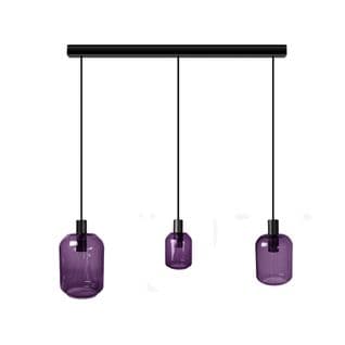 Lustre Barre Noir 3 Pendels Verre Violet 100 Cm..