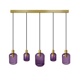 Lustre Barre Doré 5 Pendels Verre Violet 100 Cm..