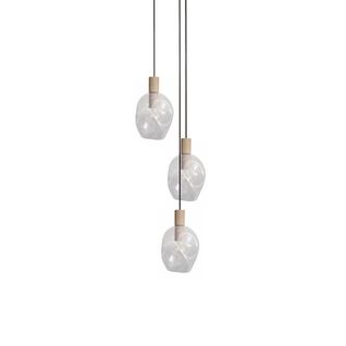 Lustre Bois 3 Pendels Verre Bullé Transparent 100 Cm..