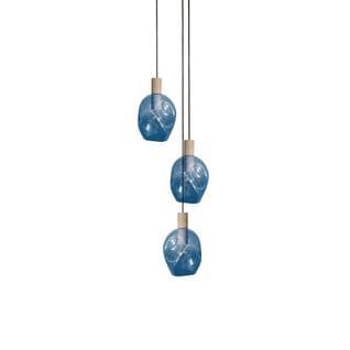 Lustre Bois 3 Pendels Verre Bullé Bleu100 Cm..