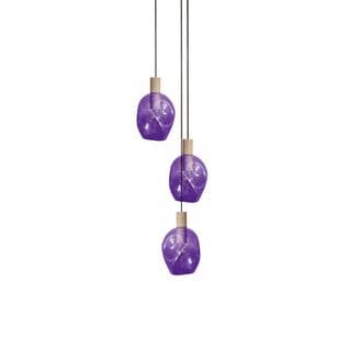 Lustre Bois 3 Pendels Verre Bullé Violet 100 Cm..