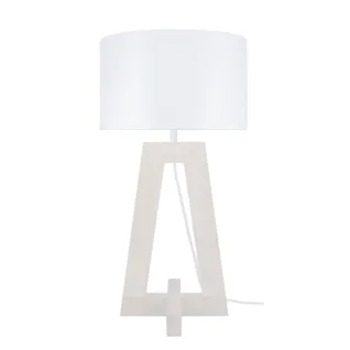 Lampe à Poser Colonne Bois  Blanc, Cylindre Blanc 51 Cm.