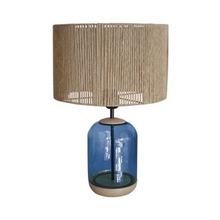 Lampe De Chevet Cylindre Bois,verre,bleu,fillage Jute  53 Cm.