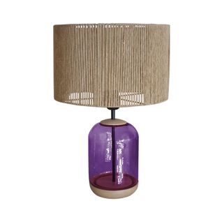 Lampe De Chevet Cylindre Bois,verre,violet,fillage Jute  53 Cm.