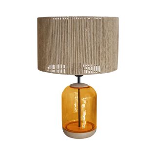 Lampe De Chevet Cylindre Bois,verre,ambre,fillage Jute  53 Cm.