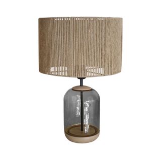 Lampe De Chevet Cylindre Bois,verre,fumée,fillage Jute  53 Cm.