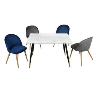 Ensemble Table Et 4 Chaises Scandinave Effet Marbre Et Velours Gris/ Bleu Marine