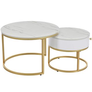 Ensemble Table Basse Gigogne Effet Marbre Blanc Avec Tiroir