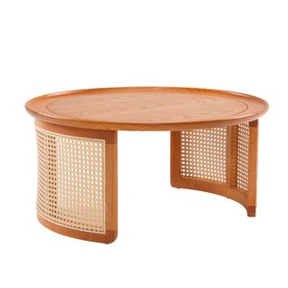 Table Basse Ronde Élégante En Bois Avec Détails En Rotin 70x70cm